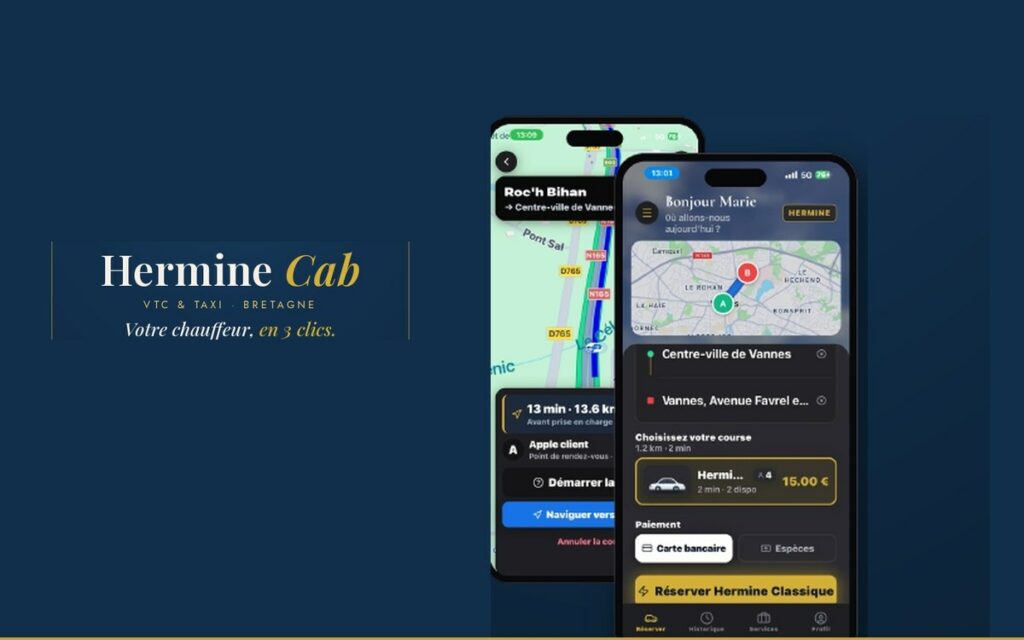 L'application Hermine Cab sur deux téléphones : la course côté client et la navigation côté chauffeur